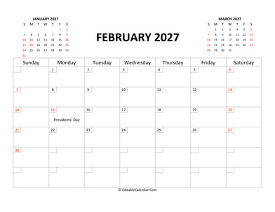 fillable calendar february 2027 with us holidays