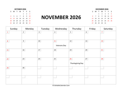 fillable calendar november 2026 with us holidays