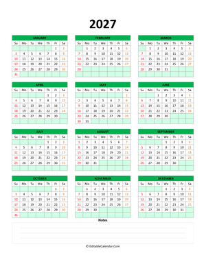 fillable calendar 2027 with notes green style