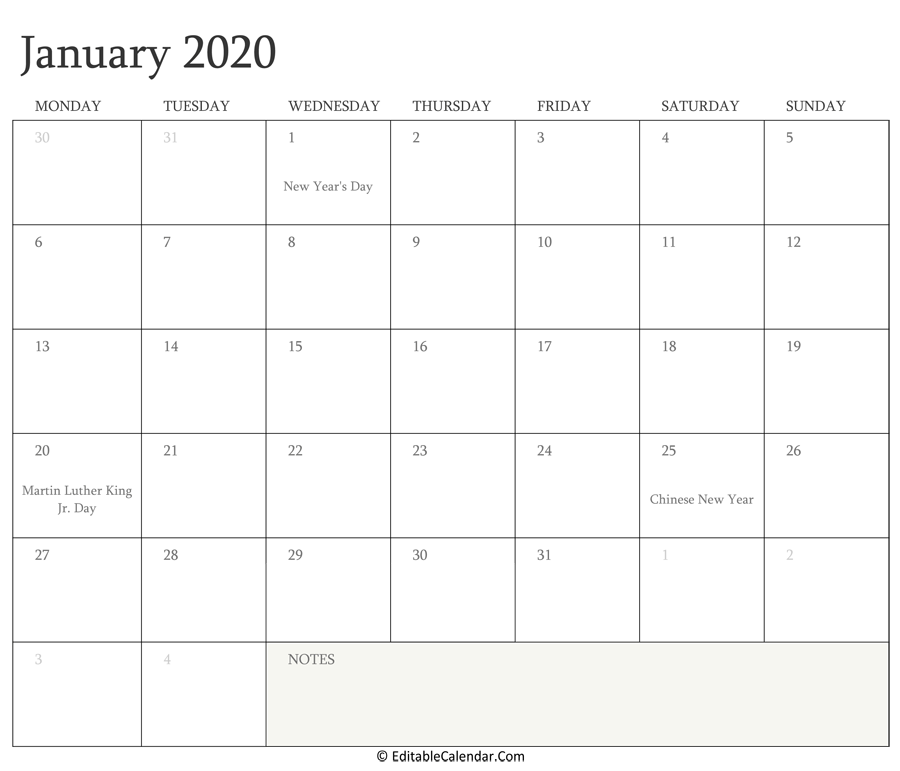January 2020 Editable Calendar With Holidays