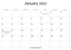january 2021 printable calendar holidays