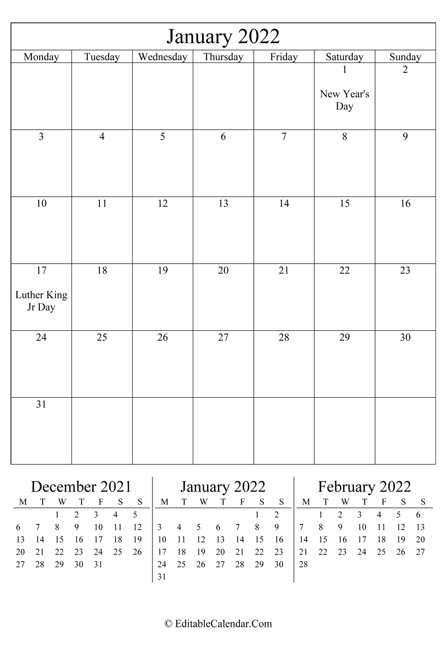 january 2022 editable calendar portrait