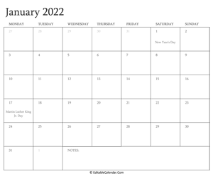 january 2022 editable calendar with holidays