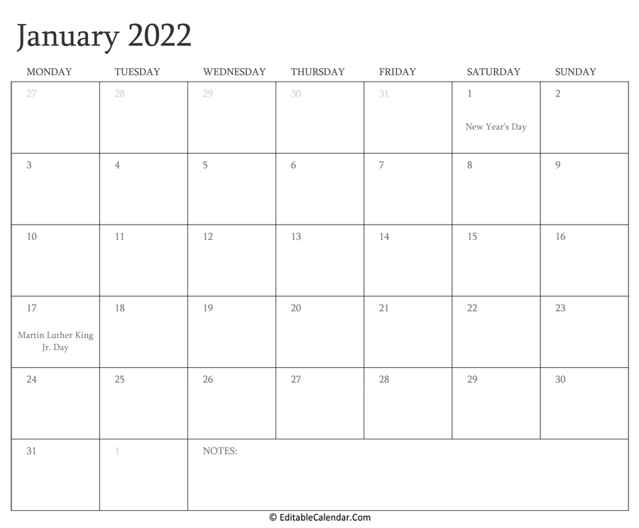 january 2022 editable calendar with holidays