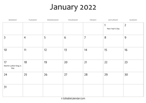 january 2022 printable calendar holidays