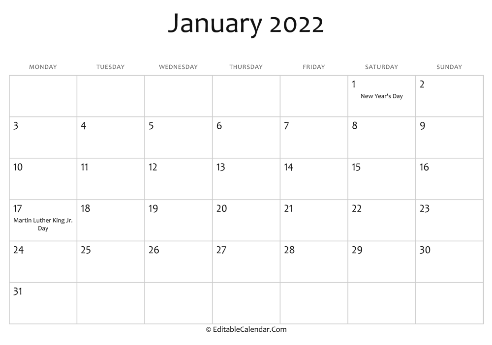 November 2022 Calendar Printable With Holidays January 2022 Printable Calendar With Holidays