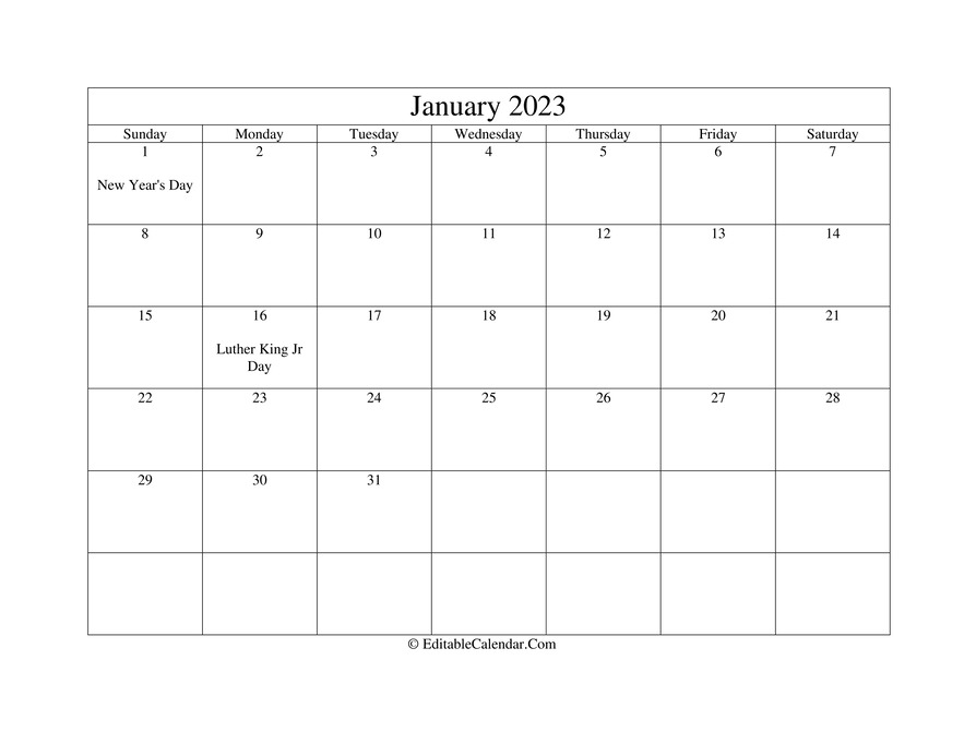 January 2023 Printable Calendar with Holidays