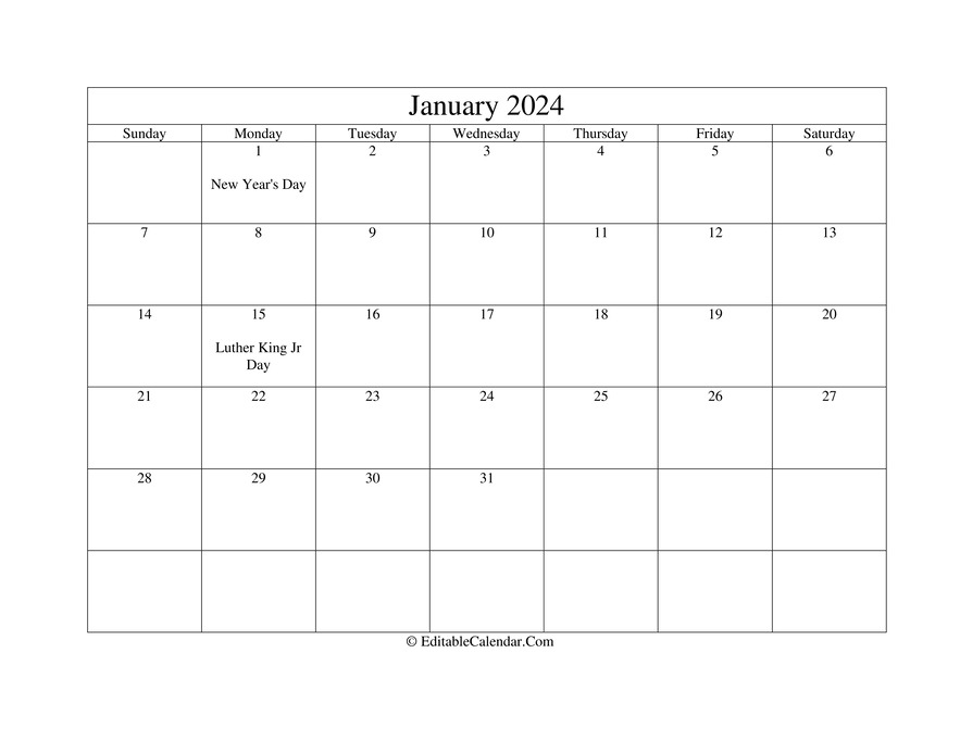 January 2024 Editable Calendar with Holidays