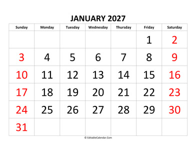 january 2027 calendar editable