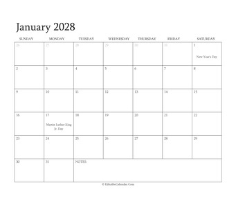 january 2028 editable calendar with holidays