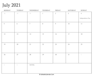 july 2021 editable calendar with holidays