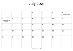 july 2021 printable calendar holidays