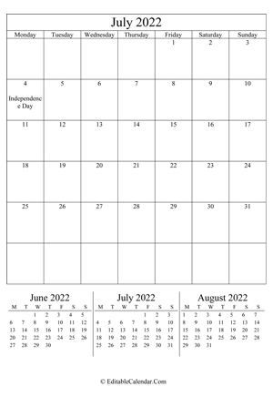 july 2022 editable calendar (portrait layout)