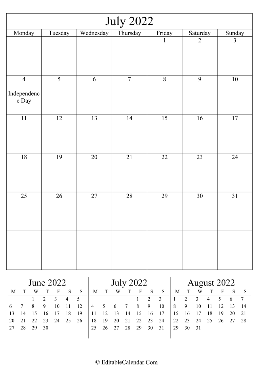 july 2022 editable calendar portrait