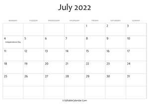 july 2022 printable calendar holidays