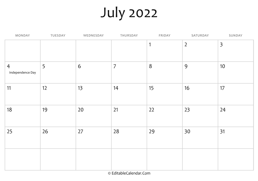 July 2022 Printable Calendar with Holidays