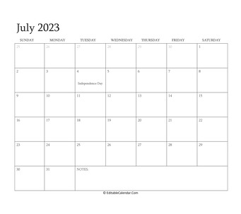 july 2023 editable calendar with holidays