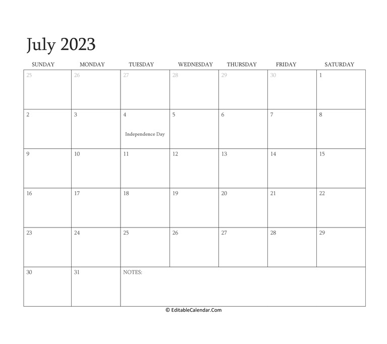 July 2023 Editable Calendar with Holidays