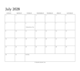 july 2028 editable calendar with holidays