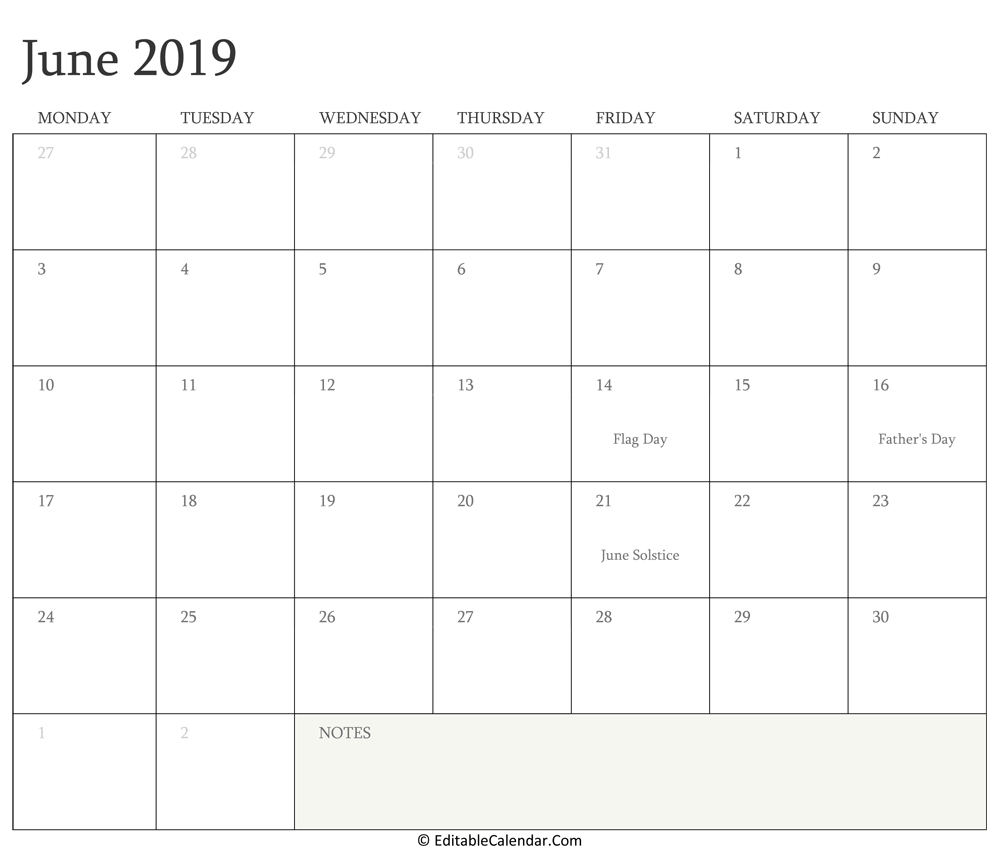 editable calendar june 2019