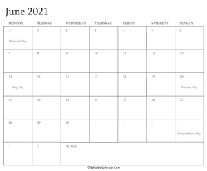 june 2021 editable calendar with holidays