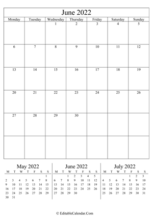 june 2022 editable calendar (portrait layout)