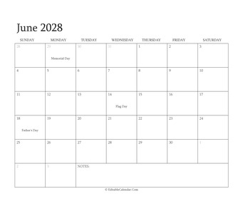 june 2028 editable calendar with holidays