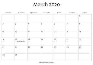 march 2020 printable calendar with holidays