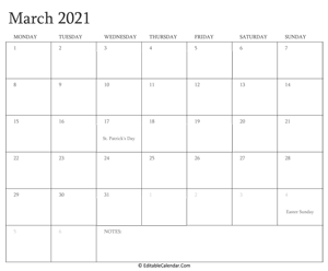 march 2021 editable calendar with holidays