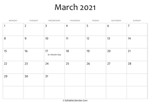 march 2021 printable calendar holidays