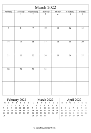 march 2022 editable calendar (portrait layout)