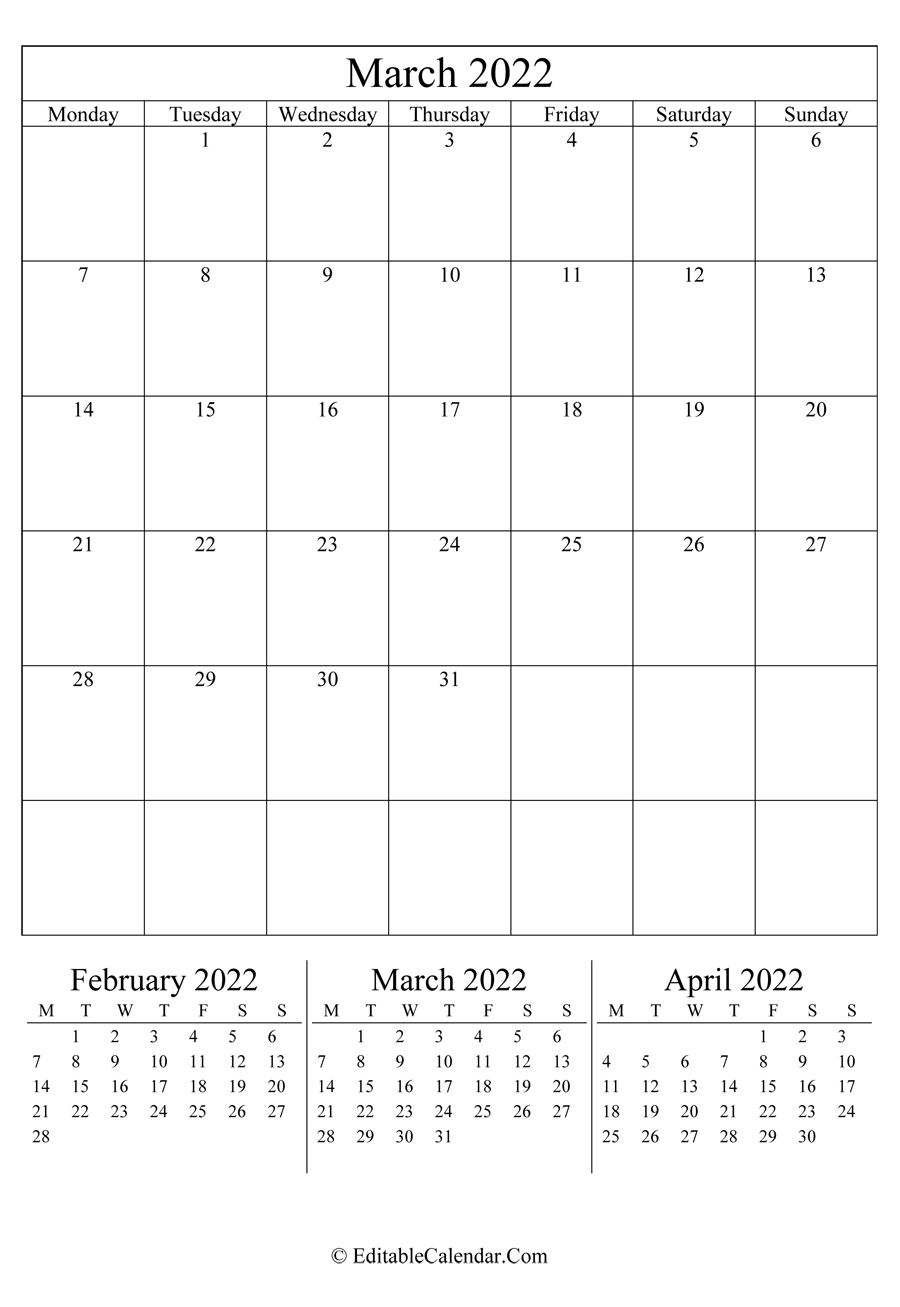 march 2022 editable calendar portrait