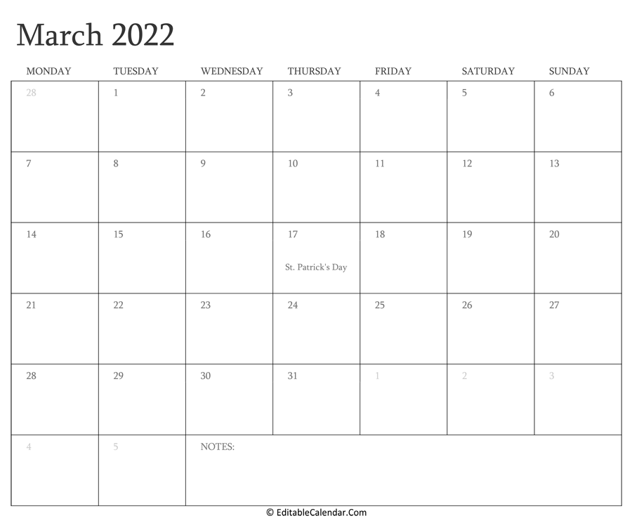march 2022 editable calendar with holidays