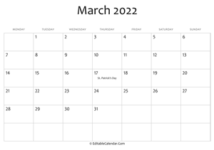 march 2022 printable calendar with holidays