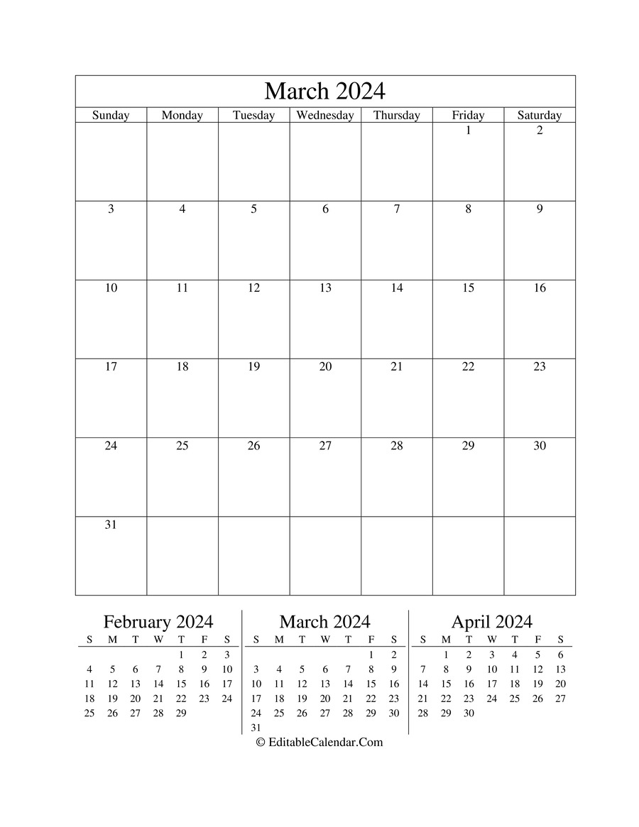 2024 March Calendar Free Printable Word Lynna Rosalia