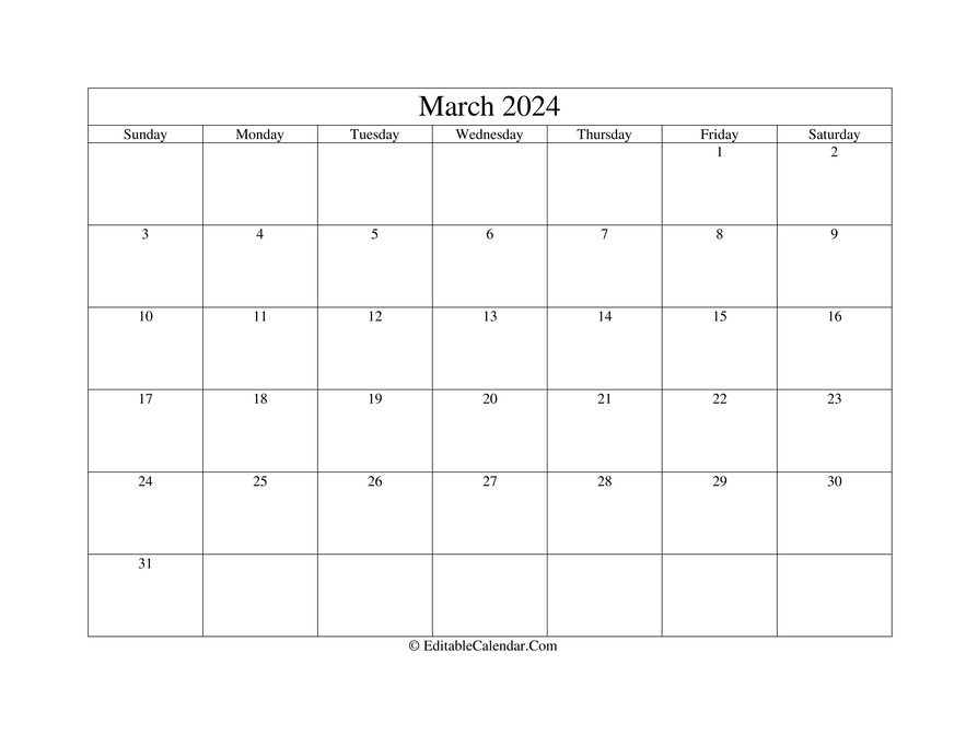 March 2024 Editable Calendar with Holidays
