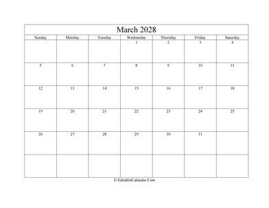 march 2028 printable calendar holidays