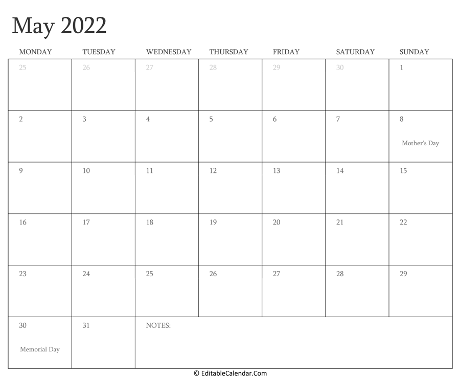May 2022 Editable Calendar with Holidays