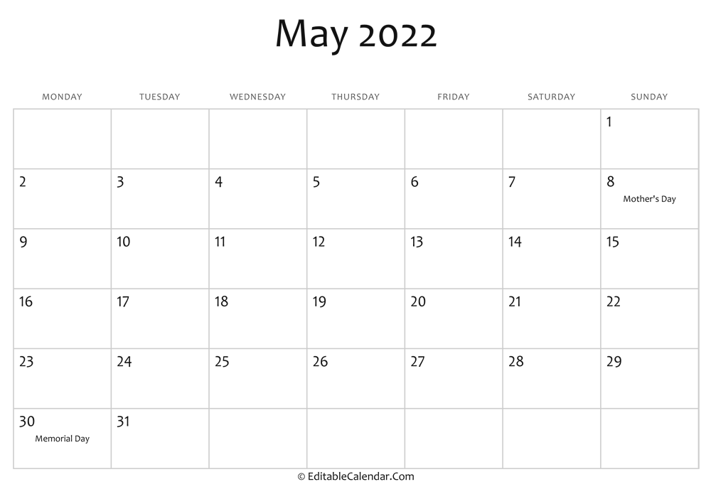 May 2022 Calendar Mothers Day May 2022 Printable Calendar With Holidays