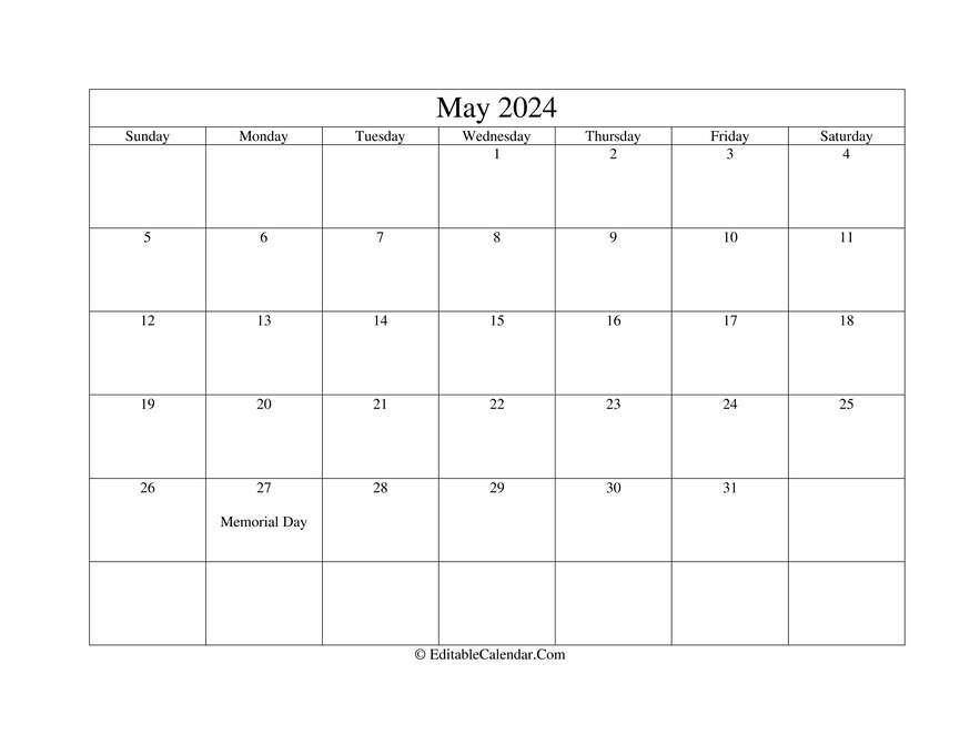 Download May 2024 Printable Calendar Holidays (Word Version)