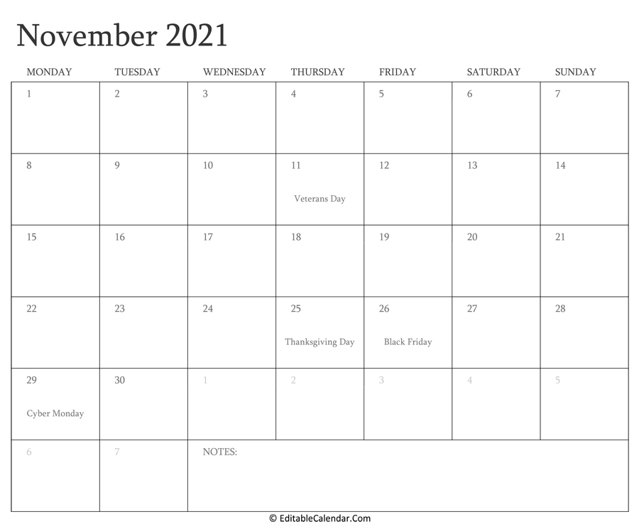 Editable Calendar November 2021