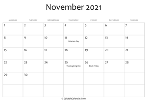 november 2021 printable calendar with holidays