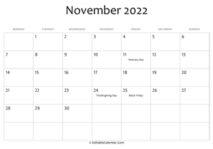 november 2022 printable calendar with holidays