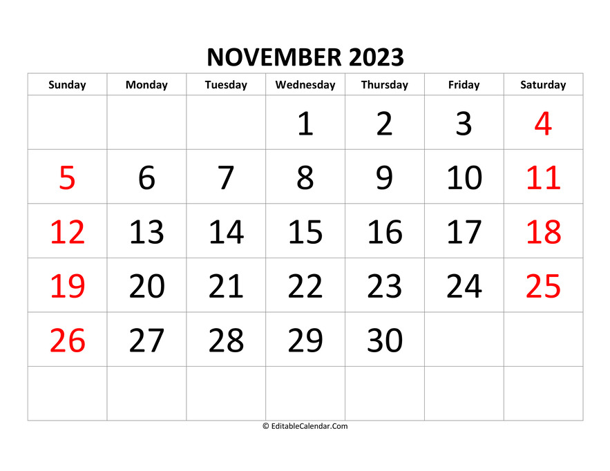 Download November 2023 Calendar Editable Word Version 