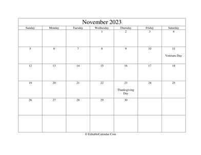 november 2023 printable calendar with holidays
