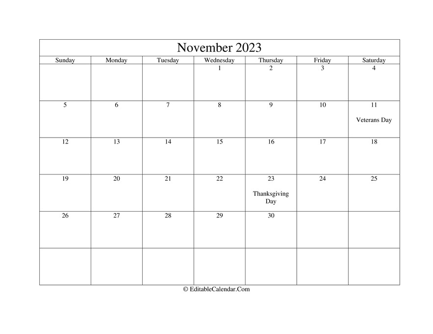 November 2023 Printable Calendar with Holidays