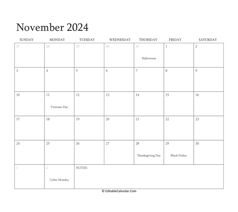 Download November 2024 Editable Calendar With Holidays (Word Version)