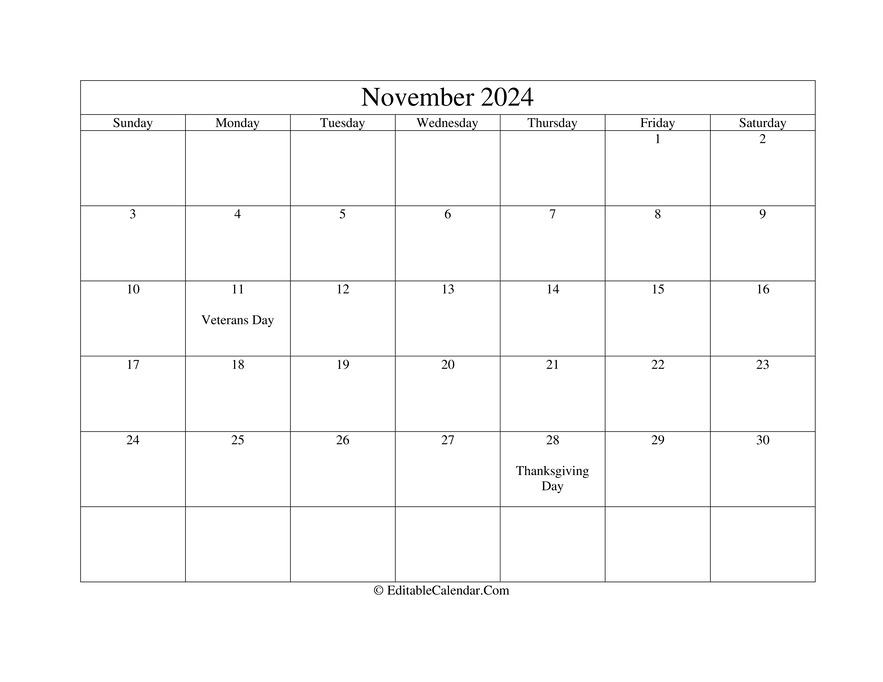Download November 2024 Printable Calendar Holidays (PDF Version)