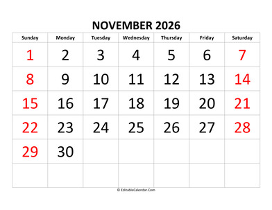 november 2026 calendar editable