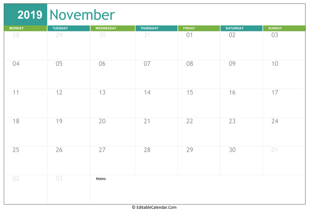 Editable Calendar November 2019